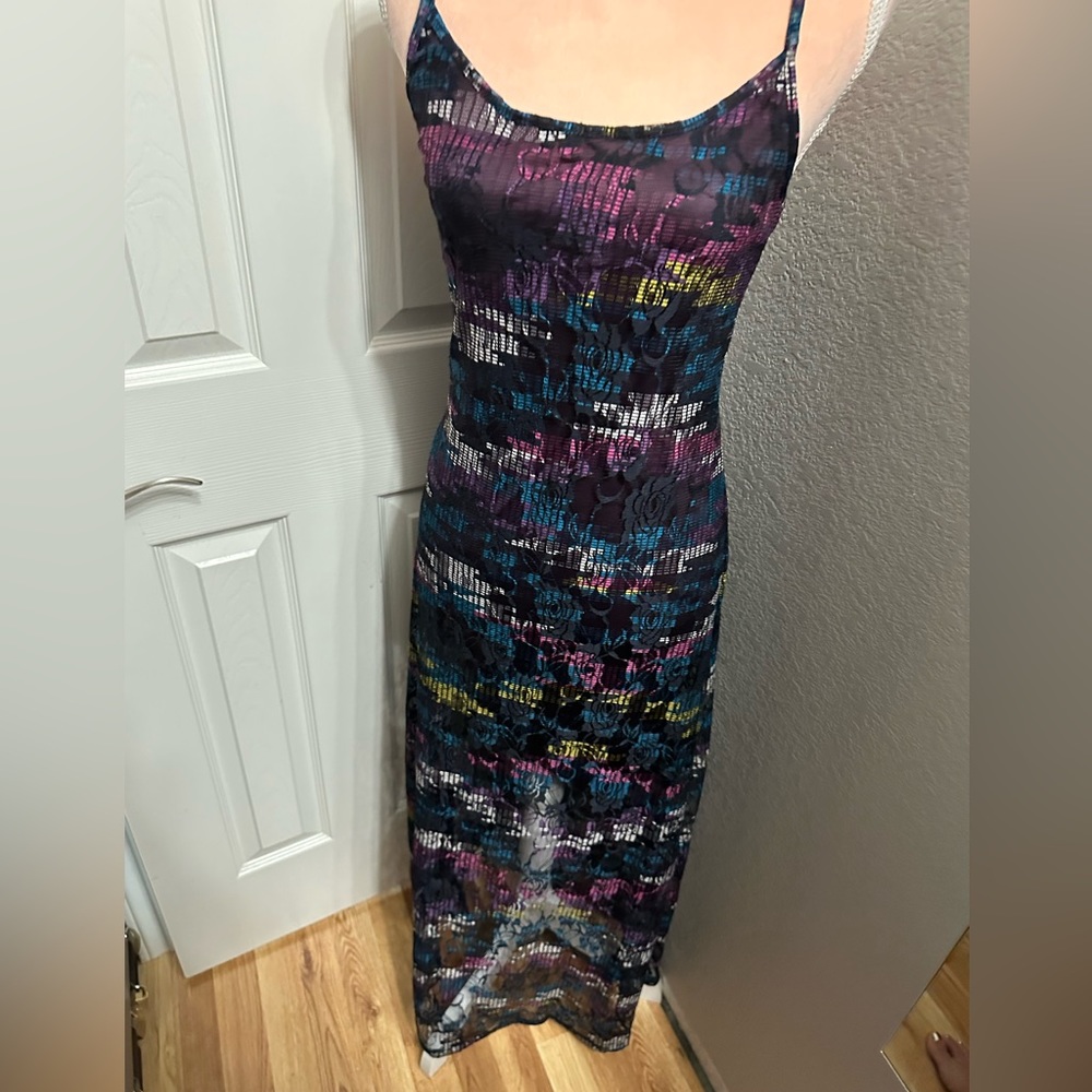 VINTAGE 90s Y2K Digital Print Stretch Mesh Maxi Dress With Strappy Back - Picture 7 of 11